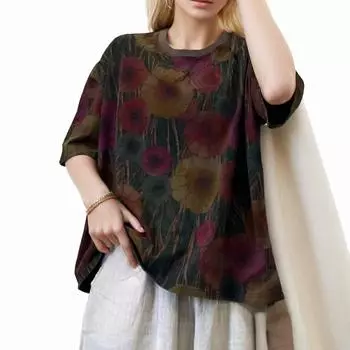 DIMANAF 2024, новая футболка больших размеров, летняя женская футболка с короткими рукавами, свободные базовые топы с цветочным принтом и круглым вырезом, новая футболка большого размера