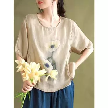 DIMANAF 2024 Новая футболка больших размеров, летняя женская футболка с коротким рукавом, свободные топы с цветочным узором и круглым вырезом, базовая футболка