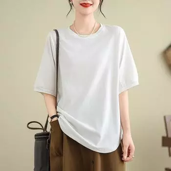 Dimanaf 2024 Новая футболка больших размеров, летняя хлопковая женская футболка с коротким рукавом, простые свободные однотонные топы, базовая рубашка с круглым вырезом