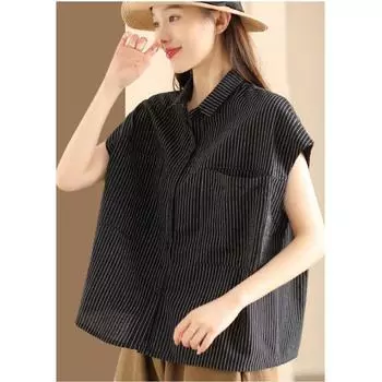 Dimanaf 2024 Новая футболка с пуговицами, большие размеры, летние женские свободные полосатые футболки с круглым вырезом, базовые черные топы, новая футболка