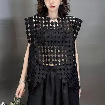 DIMANAF 2024 Новая футболка женская кружевная жилетка с круглым вырезом полые летние стильные базовые топы футболки свободная одежда