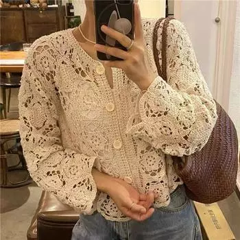 DIMANAF 2024 Новая футболка женская вязаная кружевная жилетка с круглым вырезом полые летние стильные базовые топы футболки свободная одежда yh071