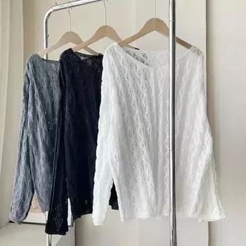 DIMANAF 2024 Новая футболка женская вязаная кружевная с круглым вырезом полые летние стильные базовые топы футболки свободная синяя одежда 067