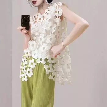 DIMANAF 2024 Новая футболка женская вязаная кружевная жилетка с круглым вырезом полые летние стильные базовые топы футболки свободная одежда 253 One Size