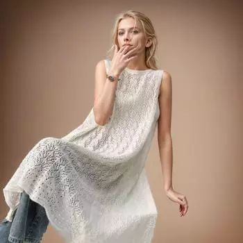 DIMANAF 2024 Новая футболка женская вязаная кружевная ажурная жилетка с круглым вырезом полые летние стильные длинные топы футболки свободные базовые розовые