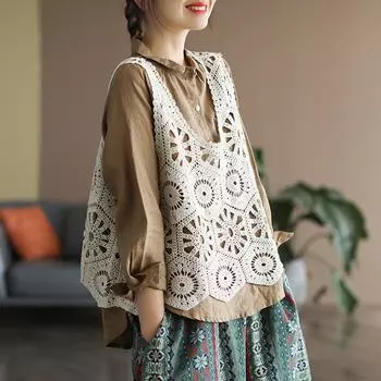 DIMANAF 2024 Новая футболка женская вязаная кружевная жилетка с круглым вырезом полые летние стильные базовые топы футболки свободная одежда