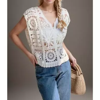 DIMANAF 2024 Новая футболка женская вязаная кружевная жилетка полые летние стильные базовые топы футболки свободная одежда 117