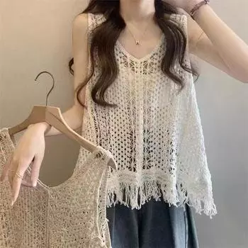 DIMANAF 2024 Новая футболка женская вязаная кружевная жилетка с круглым вырезом полые летние стильные базовые топы футболки свободная одежда 117