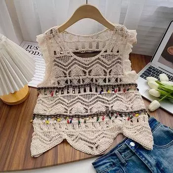 DIMANAF 2024 Новая футболка женская вязаная кружевная жилетка с круглым вырезом полые летние топы в базовом стиле футболки свободная одежда tt026