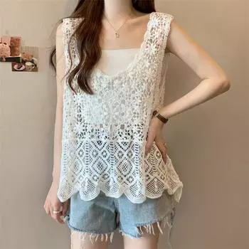 DIMANAF 2024 Новая футболка женская вязаная кружевная жилетка с круглым вырезом полые летние стильные базовые топы футболки свободная одежда 144