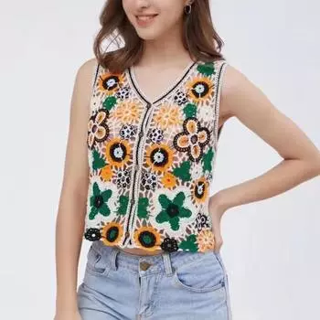 DIMANAF 2024 Новая футболка женская вязаная кружевная жилетка с круглым вырезом полые летние стильные базовые топы футболки свободная одежда 120