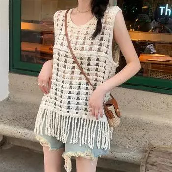 DIMANAF 2024 Новая футболка женская вязаная кружевная жилетка с круглым вырезом полые летние стильные базовые топы футболки свободная одежда 143