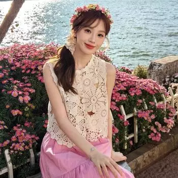 DIMANAF 2024 Новая футболка женская вязаная кружевная жилетка с круглым вырезом полые летние стильные базовые топы футболки свободная одежда mj001