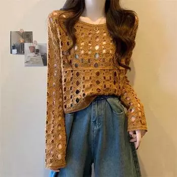 DIMANAF 2024 Новая футболка женская вязаная кружевная жилетка с круглым вырезом полые летние стильные базовые топы футболки свободная одежда 100