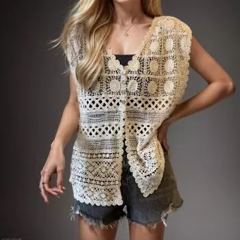 DIMANAF 2024 Новая футболка женская вязаная кружевная жилетка с круглым вырезом полые летние стильные топы футболки свободная базовая одежда 117