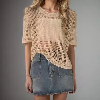DIMANAF 2024 Новая футболка женская вязаная кружевная ажурная жилетка с круглым вырезом полые летние стильные топы футболки свободные базовые розовые