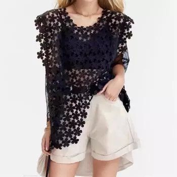 DIMANAF 2024 Новая футболка женская вязаная кружевная жилетка с круглым вырезом полые летние стильные базовые топы свободные футболки One Size