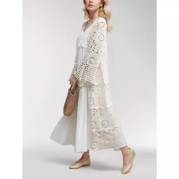 DIMANAF 2024 Новая футболка женская вязаная кружевная длинная жилетка полые летние стильные базовые топы футболки свободная одежда