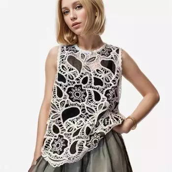 DIMANAF 2024 Новая футболка женская вязаная кружевная жилетка полые летние стильные базовые топы футболки свободная одежда