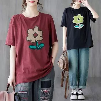 DIMANAF 2024 Новая хлопковая футболка больших размеров, летняя женская свободная рубашка с коротким рукавом с цветочным принтом, базовые топы, новая рубашка большого размера
