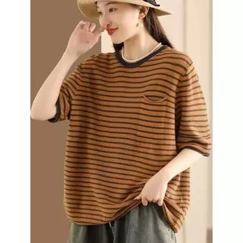 Dimanaf 2024 Новая хлопковая футболка больших размеров, летняя женская свободная рубашка с коротким рукавом в полоску и принтом, базовые топы, новая рубашка большого размера