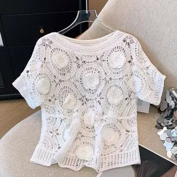 DIMANAF 2024 Новая кружевная летняя женская футболка с цветочным принтом, базовые модные топы с короткими рукавами, футболки, повседневные свободные белые футболки