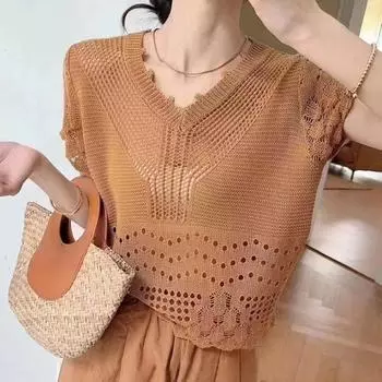 DIMANAF 2024 Новая кружевная летняя женская футболка с V-образным вырезом и коротким рукавом Базовые модные топы Футболки Повседневные свободные белые футболки