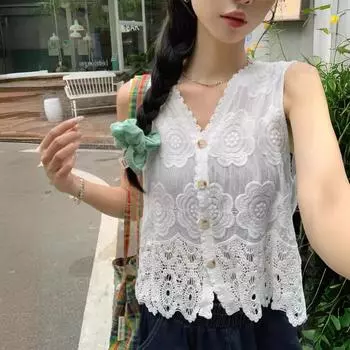 DIMANAF 2024 Новая кружевная летняя женская футболка с пуговицами, жилет, базовые модные топы, футболки, повседневные свободные белые футболки