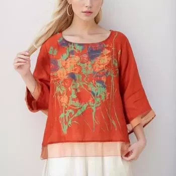 DIMANAF 2024 Новая льняная футболка больших размеров, летняя женская ретро с коротким рукавом, свободный узор, базовые топы с круглым вырезом и принтом, футболка, новый большой размер