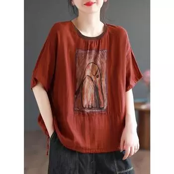 DIMANAF 2024 Новая льняная футболка больших размеров, летняя женская свободная футболка с коротким рукавом и цветочным принтом, базовые топы с круглым вырезом, красная футболка, новая, большого размера