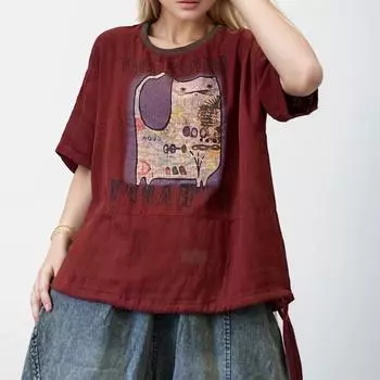 DIMANAF 2024 Новая льняная футболка больших размеров, летняя женская свободная футболка с цветочным принтом и круглым вырезом, базовые топы с короткими рукавами, новая футболка большого размера