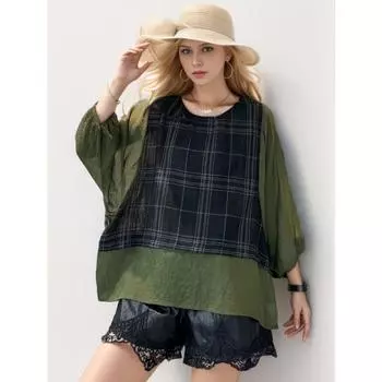 DIMANAF 2024, новая льняная футболка больших размеров, летняя женская футболка с коротким рукавом, свободная клетчатая футболка с круглым вырезом и принтом, базовые топы, футболка, новый большой размер