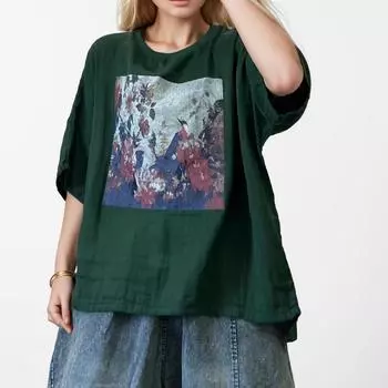 DIMANAF 2024 Новая льняная футболка больших размеров, летняя женская футболка с коротким рукавом, свободные базовые топы с цветочным принтом и круглым вырезом, новая футболка большого размера 3XL