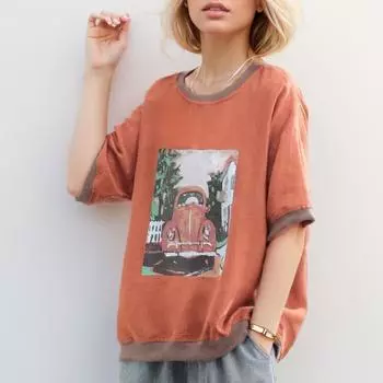 DIMANAF 2024 Новая льняная футболка больших размеров, летняя женская футболка с коротким рукавом и свободным узором, базовые топы с круглым вырезом и принтом, новая футболка большого размера 3XL