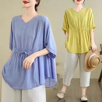 Dimanaf 2024 Новая льняная футболка больших размеров, летняя женская однотонная свободная футболка с короткими рукавами и v-образным вырезом, новая футболка большого размера