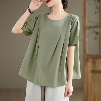 Dimanaf 2024 Новая льняная футболка больших размеров, летняя женская свободная винтажная рубашка с коротким рукавом с круглым вырезом, однотонная рубашка