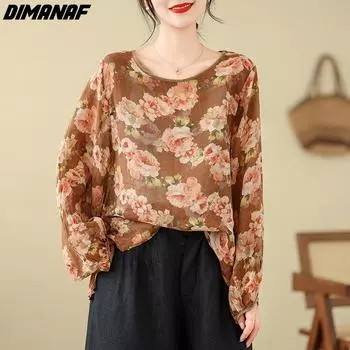 DIMANAF 2024, новая летняя блузка больших размеров, рубашка с длинным рукавом, женская свободная винтажная повседневная рубашка с цветочным принтом, футболки