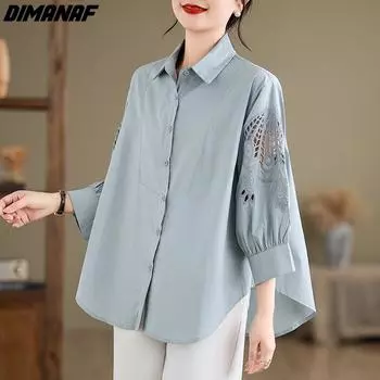 DIMANAF 2024, новая летняя блузка больших размеров, рубашка с длинным рукавом, винтажная женская свободная однотонная повседневная кружевная рубашка, футболки