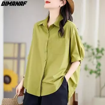 DIMANAF 2024, новая летняя блузка больших размеров, рубашка с длинным рукавом, винтажная однотонная женская свободная повседневная рубашка, футболки, стиль