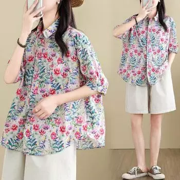 DIMANAF 2024, новая летняя блузка больших размеров, льняная модная рубашка, женская свободная рубашка с коротким рукавом, повседневные винтажные топы с цветочным принтом, футболки