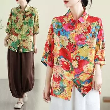 DIMANAF 2024, новая летняя блузка больших размеров, льняная модная рубашка, женская свободная рубашка с коротким рукавом, повседневные топы с принтом, футболки