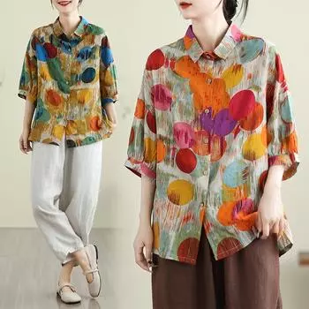 DIMANAF 2024, новая летняя блузка больших размеров, льняная модная рубашка, женская свободная рубашка с коротким рукавом, повседневные топы с принтом, футболки L жёлтый