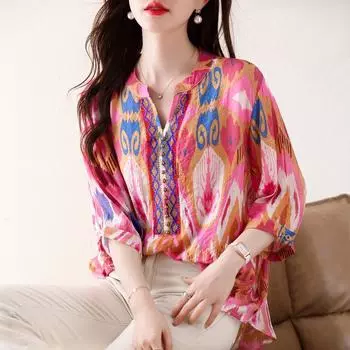 DIMANAF 2024, новая летняя блузка больших размеров, модная женская рубашка, свободная рубашка с длинными рукавами, повседневные топы с принтом, футболки