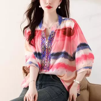 DIMANAF 2024, новая летняя блузка больших размеров, модная женская рубашка, свободная рубашка с длинными рукавами, повседневные топы с принтом, футболки