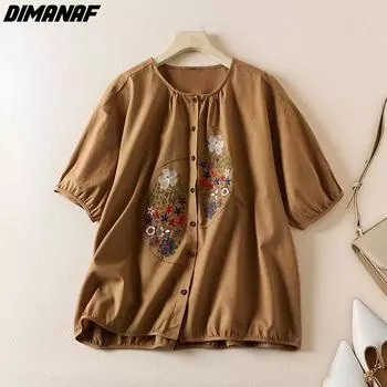 DIMANAF 2024, новая летняя блузка больших размеров, женская рубашка с цветочной вышивкой, элегантная женская винтажная свободная повседневная тонкая рубашка большого размера на пуговицах L белый