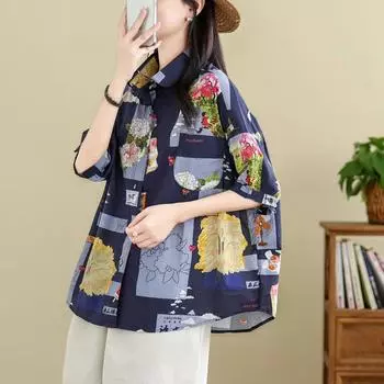 DIMANAF 2024, новая летняя блузка больших размеров, льняная модная рубашка, женская свободная рубашка с коротким рукавом, повседневные топы с цветочным принтом, футболки