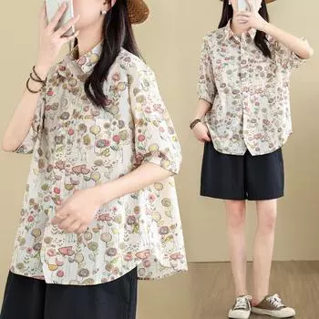 DIMANAF 2024, новая летняя блузка больших размеров, льняная модная рубашка, женская свободная рубашка с коротким рукавом, повседневные винтажные топы с цветочным принтом, футболки