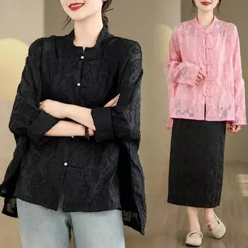 DIMANAF 2024, новая летняя блузка больших размеров, модная рубашка в китайском стиле, женская свободная рубашка с длинным рукавом, повседневные топы с цветочным принтом, футболки