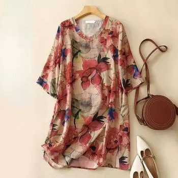 DIMANAF 2024, новая летняя блузка больших размеров с цветочным принтом, модная футболка с v-образным вырезом, женская рубашка, повседневные винтажные топы, свободные футболки