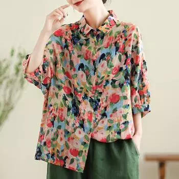 DIMANAF 2024, новая летняя блузка больших размеров, хлопковая модная рубашка, женская свободная рубашка с коротким рукавом, повседневные топы с принтом, футболки